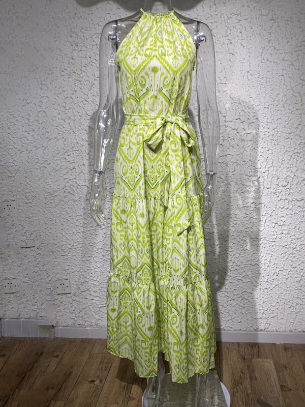 Amsoin Elegant Geometric Print Halter Neck Sleeveless Dress