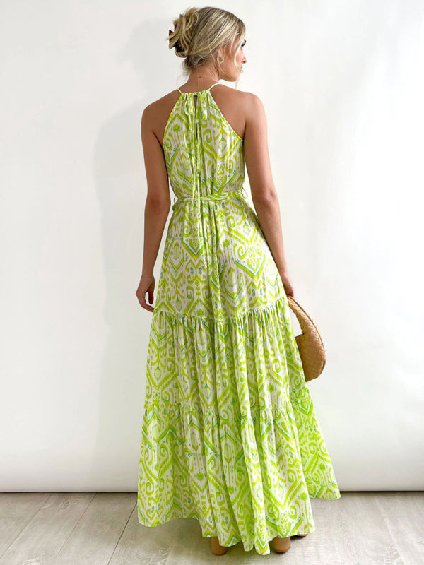 Amsoin Elegant Geometric Print Halter Neck Sleeveless Dress