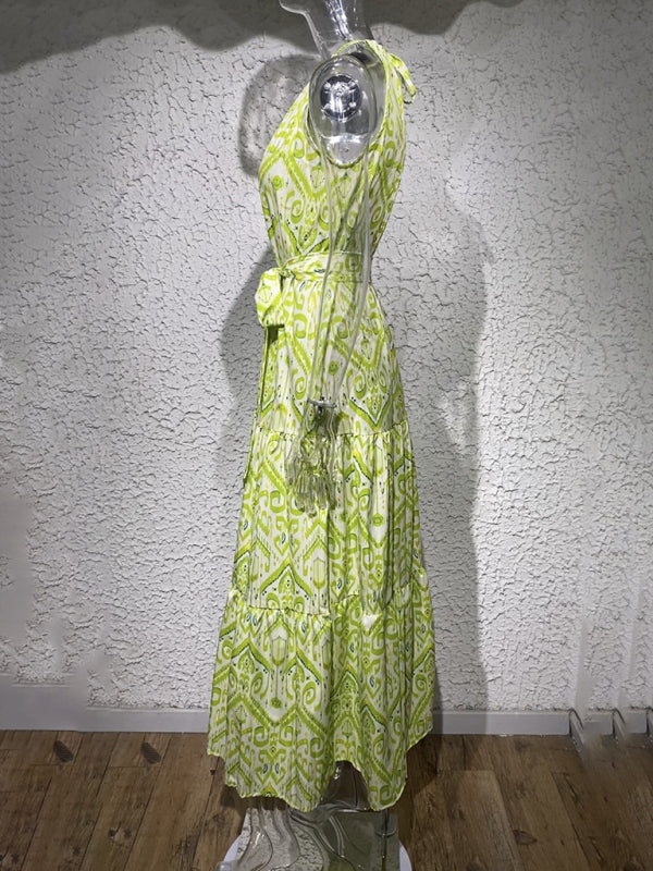 Amsoin Elegant Geometric Print Halter Neck Sleeveless Dress