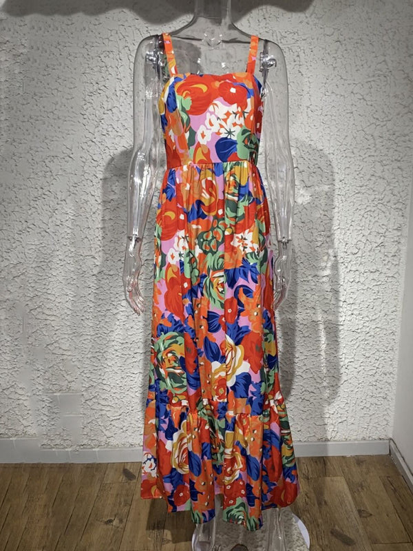 Amsoin Floral Print High Waist Camisole Dress