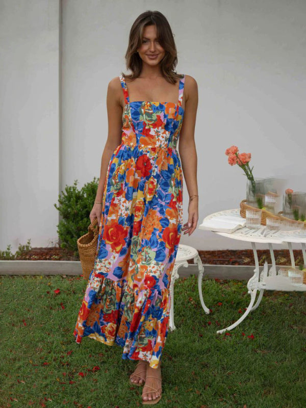Amsoin Floral Print High Waist Camisole Dress