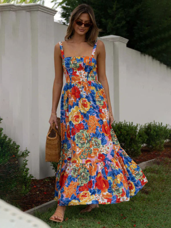 Amsoin Floral Print High Waist Camisole Dress