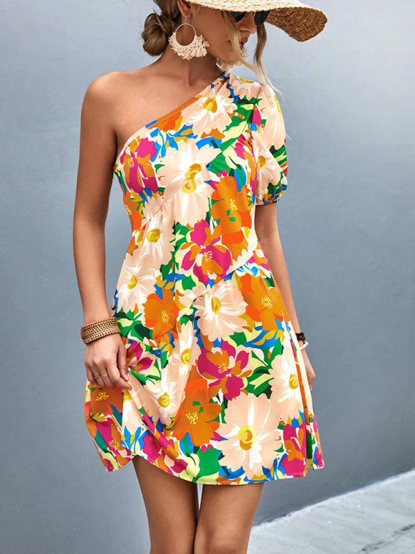 Amsoin Printed One Shoulder Diagonal Dress