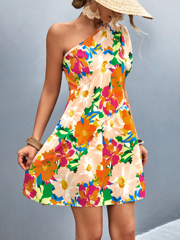 Amsoin Printed One Shoulder Diagonal Dress