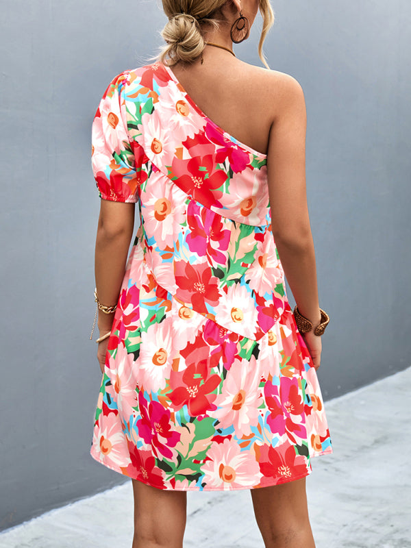 Amsoin Printed One Shoulder Diagonal Dress