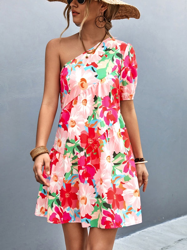 Amsoin Printed One Shoulder Diagonal Dress