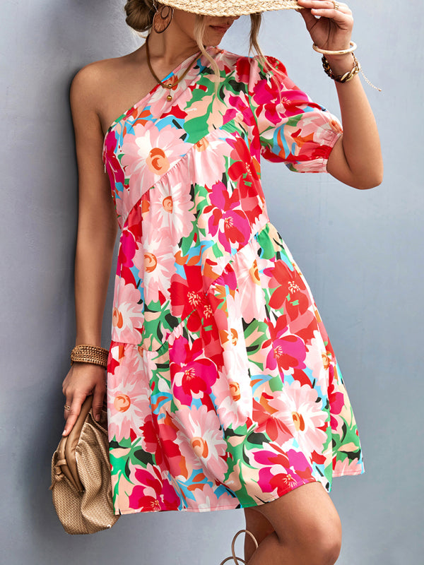 Amsoin Printed One Shoulder Diagonal Dress