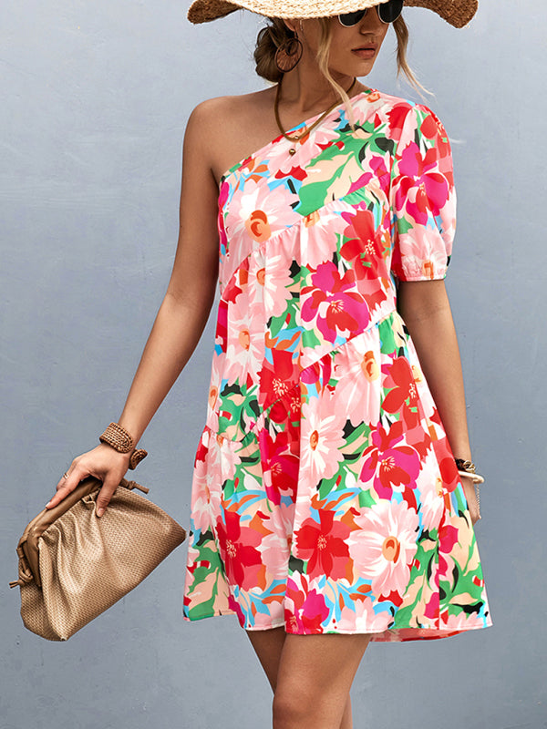 Amsoin Printed One Shoulder Diagonal Dress