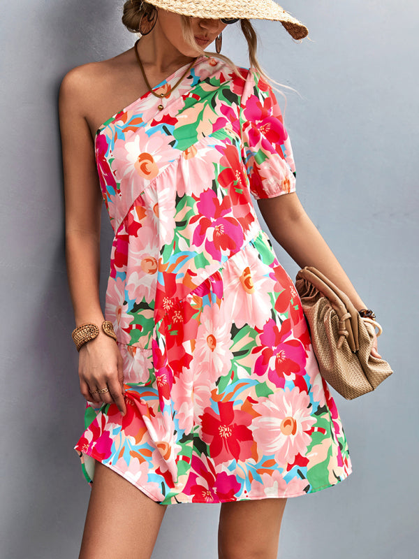 Amsoin Printed One Shoulder Diagonal Dress