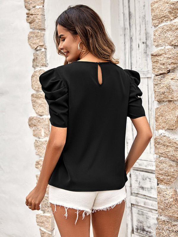 Amsoin New solid color puff sleeve V-neck slim top