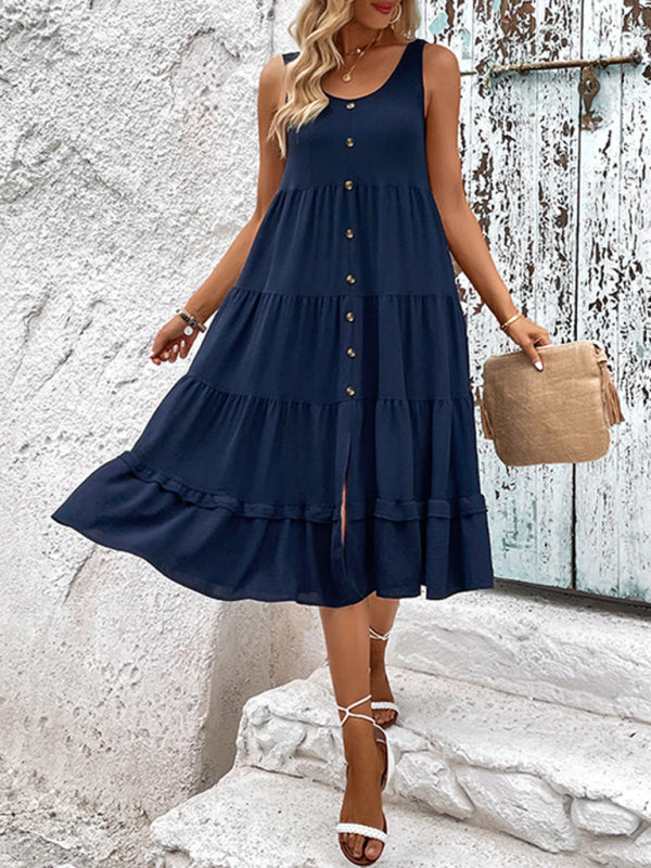 Amsoin Sleeveless Slit Solid Color Dress