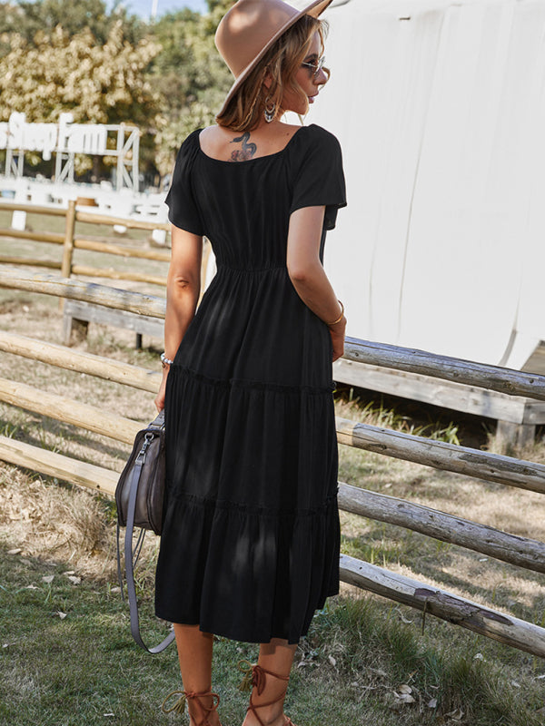 Amsoin Solid Color Short-Sleeved Buttoned Loose Tiered Midi Dress