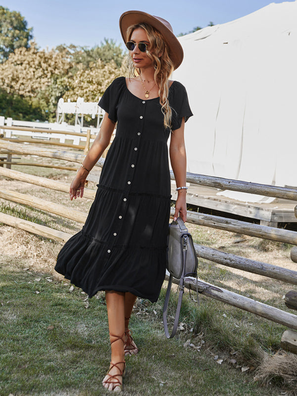 Amsoin Solid Color Short-Sleeved Buttoned Loose Tiered Midi Dress