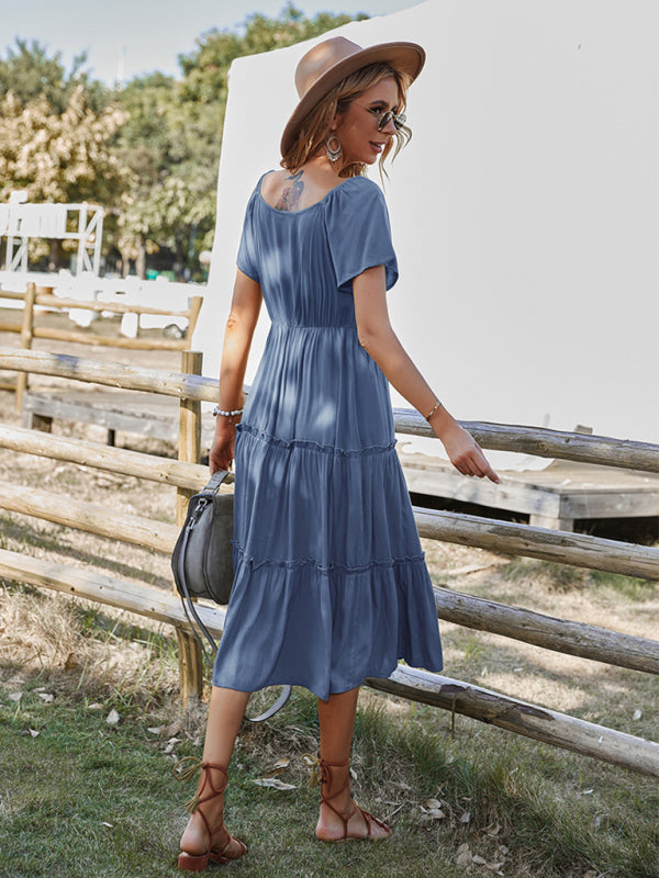 Amsoin Solid Color Short-Sleeved Buttoned Loose Tiered Midi Dress
