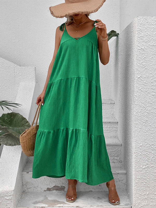 Amsoin Solid Color Strappy V-neck Sleeveless Dress