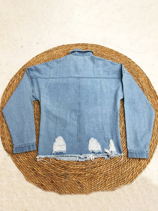 Amsoin Ripped mid-length denim jacket washed retro jacket long sleevesblouse