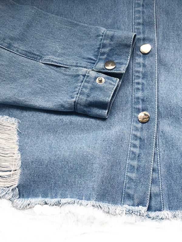 Amsoin Ripped mid-length denim jacket washed retro jacket long sleevesblouse