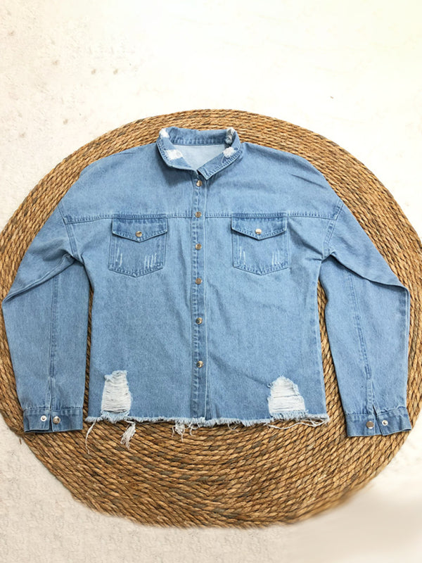 Amsoin Ripped mid-length denim jacket washed retro jacket long sleevesblouse