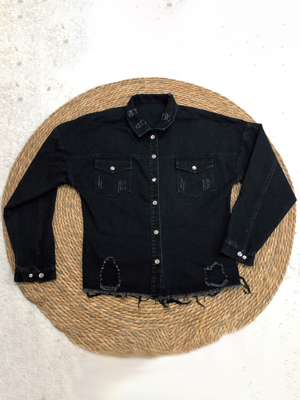 Amsoin Ripped mid-length denim jacket washed retro jacket long sleevesblouse