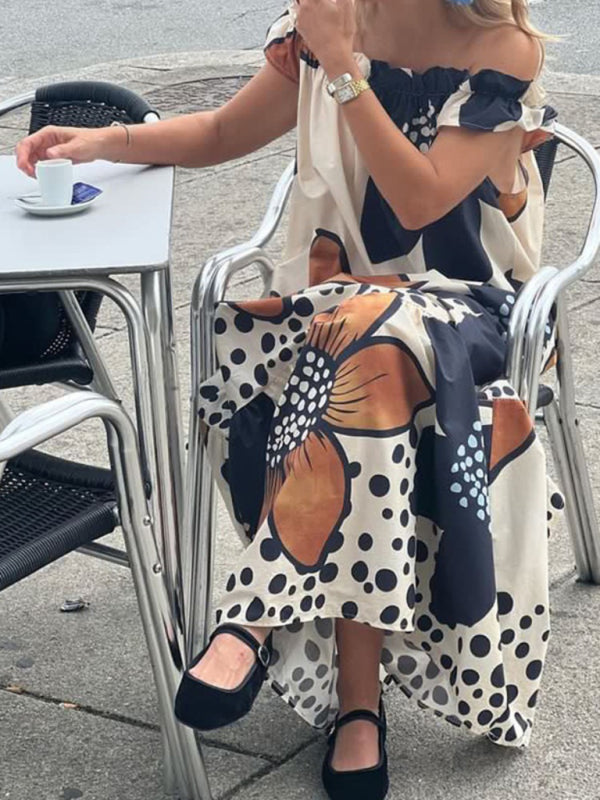 Amsoin New Pocket One Shoulder Print Loose Casual Dopamine Dress