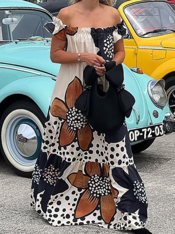Amsoin New Pocket One Shoulder Print Loose Casual Dopamine Dress
