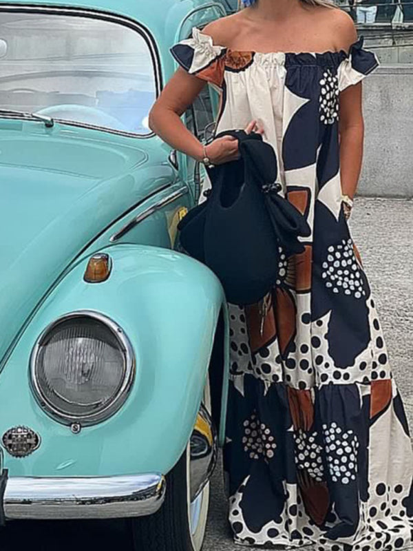 Amsoin New Pocket One Shoulder Print Loose Casual Dopamine Dress