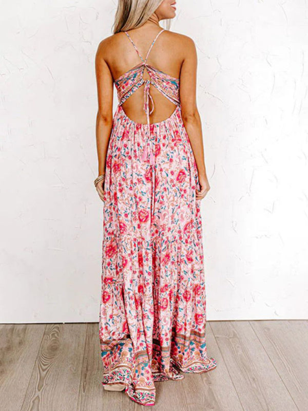 Amsoin Sling Floral Street Strap Backless Dress