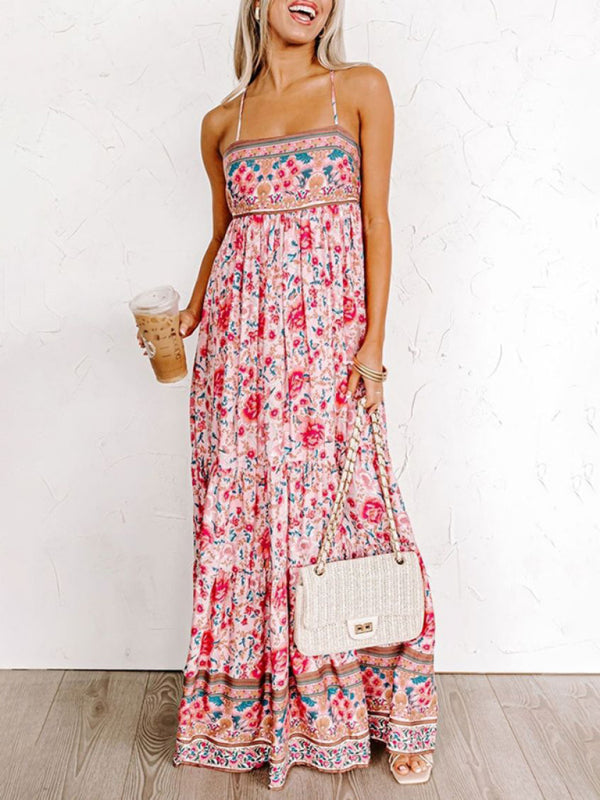 Amsoin Sling Floral Street Strap Backless Dress