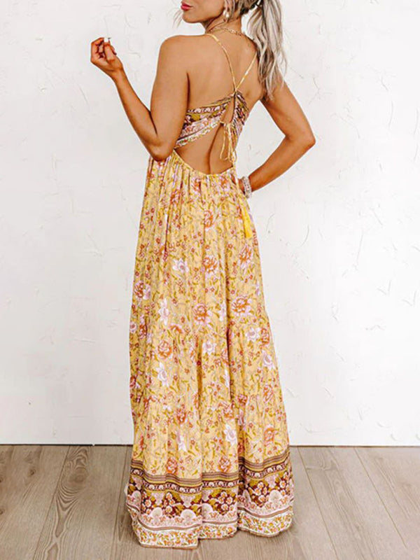 Amsoin Sling Floral Street Strap Backless Dress