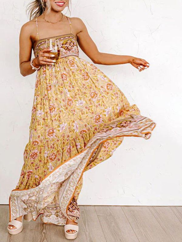 Amsoin Sling Floral Street Strap Backless Dress