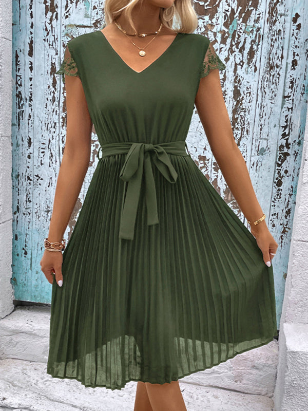 Amsoin Lace Stitching Solid Color Pleated Dress