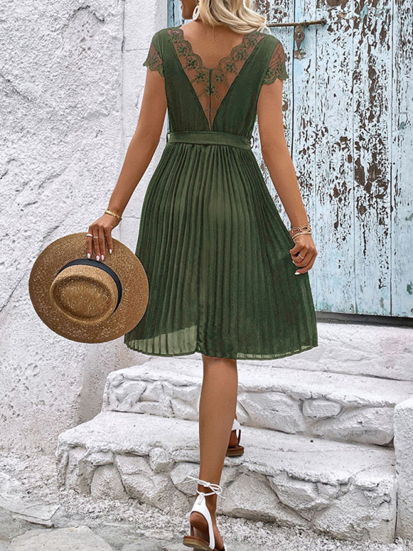 Amsoin Lace Stitching Solid Color Pleated Dress