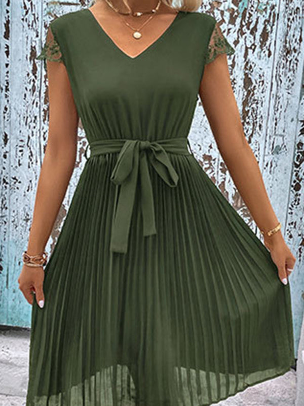 Amsoin Lace Stitching Solid Color Pleated Dress