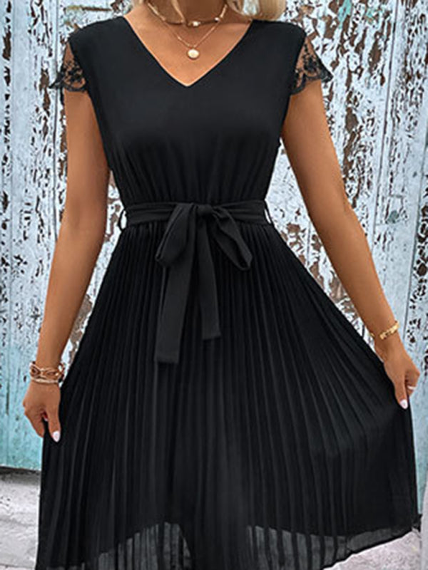 Amsoin Lace Stitching Solid Color Pleated Dress