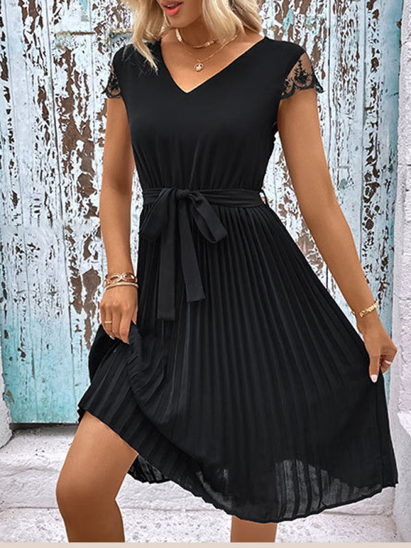 Amsoin Lace Stitching Solid Color Pleated Dress