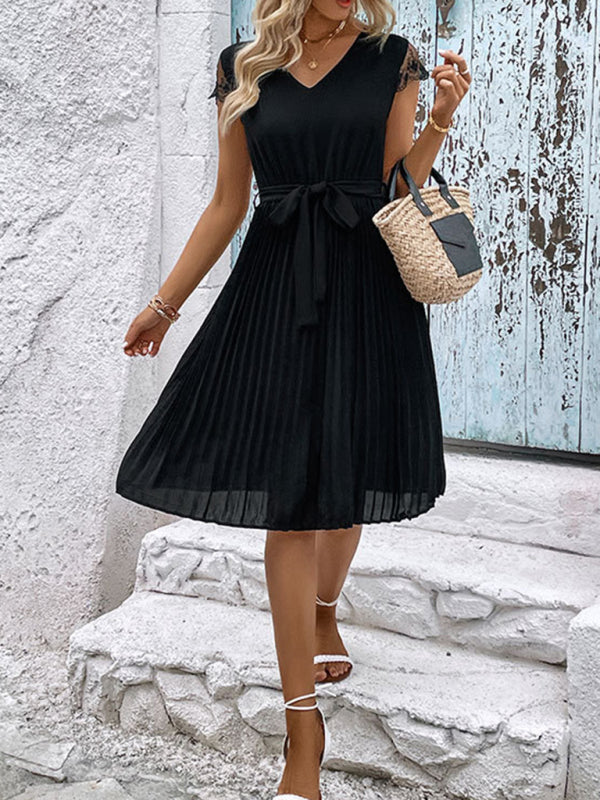 Amsoin Lace Stitching Solid Color Pleated Dress