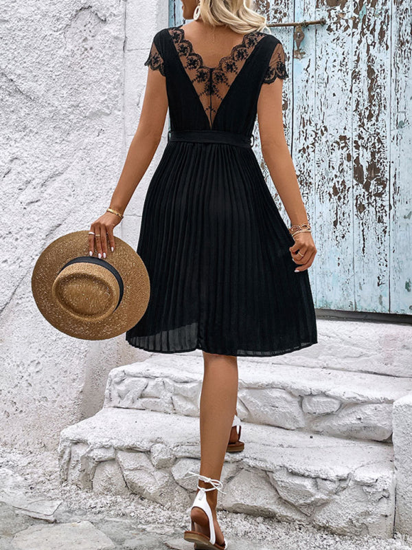 Amsoin Lace Stitching Solid Color Pleated Dress