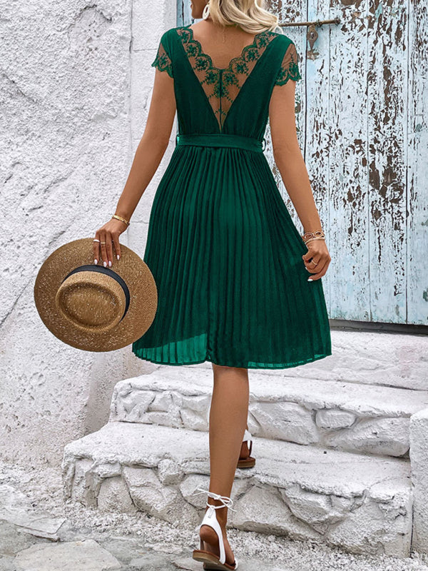 Amsoin Lace Stitching Solid Color Pleated Dress
