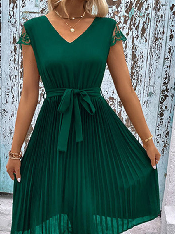 Amsoin Lace Stitching Solid Color Pleated Dress