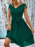 Amsoin Lace Stitching Solid Color Pleated Dress