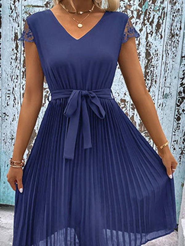 Amsoin Lace Stitching Solid Color Pleated Dress