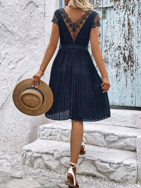 Amsoin Lace Stitching Solid Color Pleated Dress