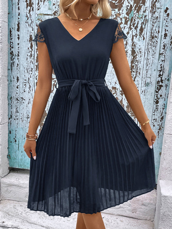 Amsoin Lace Stitching Solid Color Pleated Dress