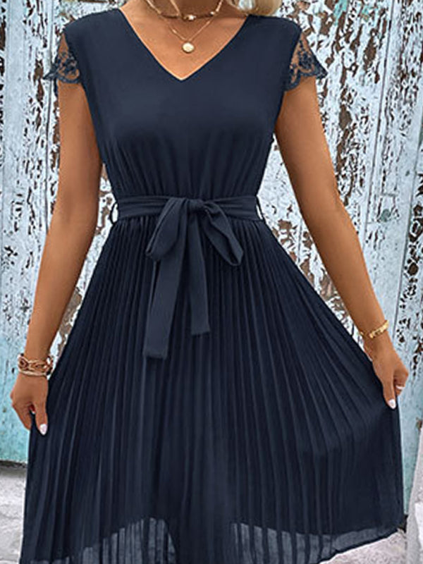 Amsoin Lace Stitching Solid Color Pleated Dress