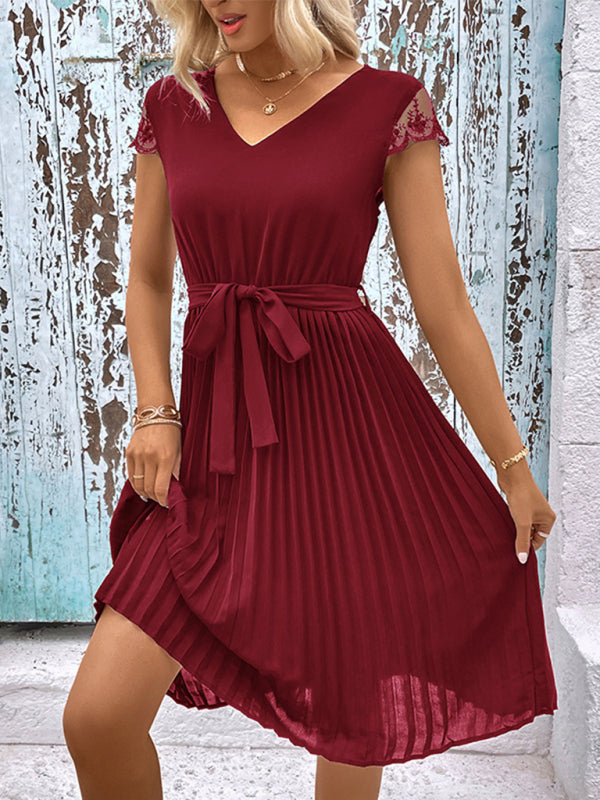 Amsoin Lace Stitching Solid Color Pleated Dress