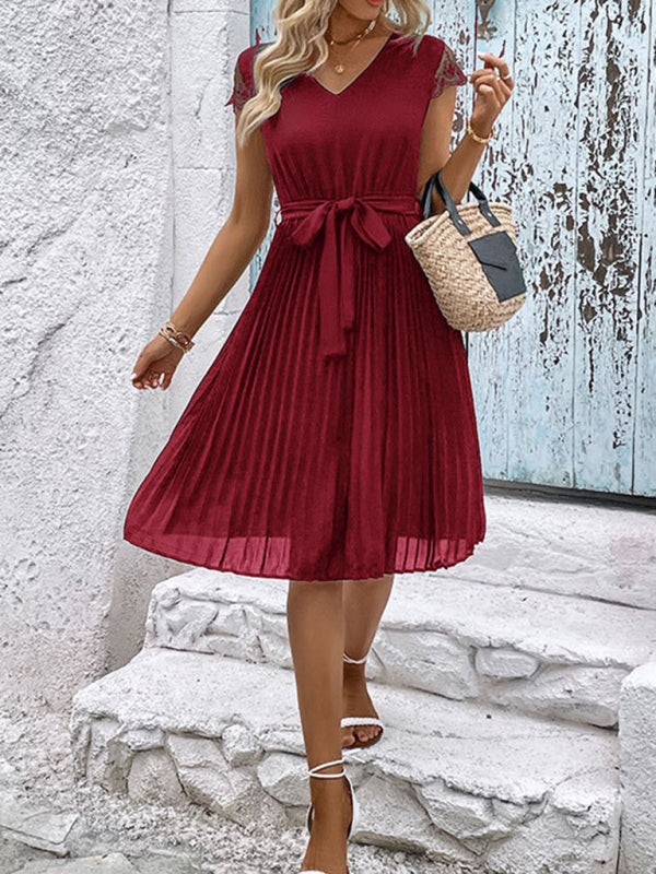 Amsoin Lace Stitching Solid Color Pleated Dress