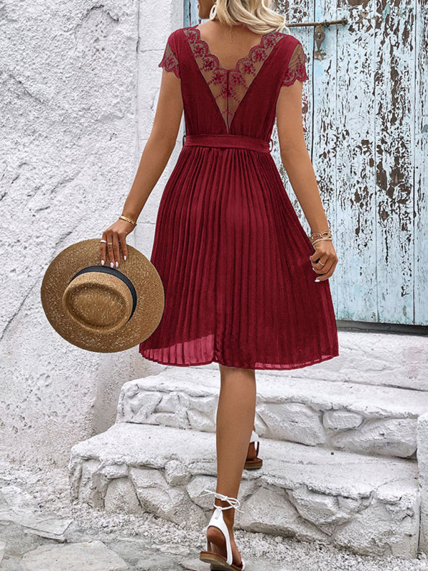 Amsoin Lace Stitching Solid Color Pleated Dress