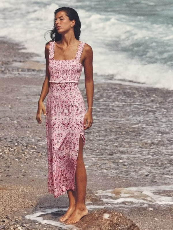 Amsoin Linen Blend Printed Midi Resort Dress