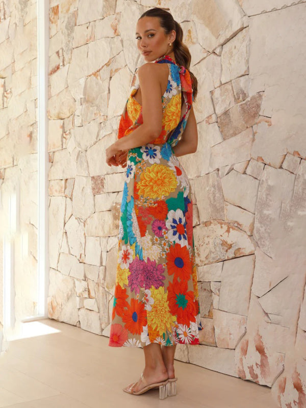 Amsoin PrintedHalter Neck Sleeveless Waist Dress