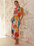Amsoin PrintedHalter Neck Sleeveless Waist Dress